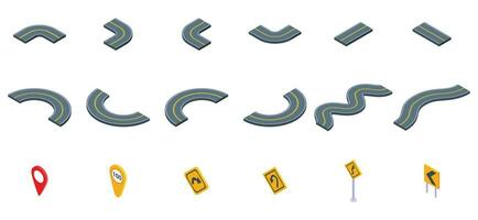 Winding road icons set isometric vector. Vehicle road driving vector