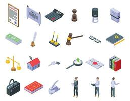 Notary services icons set isometric vector. Office laptop finance vector