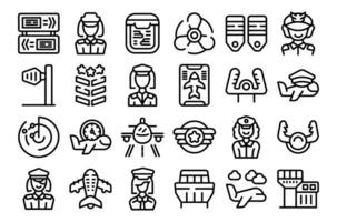 Female pilot icons set outline vector. Woman work plane vector