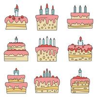 Sweet cake birthday icon set vector color