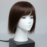 Wig Fake Hair on a Mannequin Simple Background for Mock Up Catalogue Books Magazine Products photo