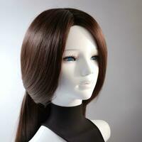 Wig Fake Hair on a Mannequin Simple Background for Mock Up Catalogue Books Magazine Products photo