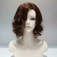 Wig Fake Hair on a Mannequin Simple Background for Mock Up Catalogue Books Magazine Products photo