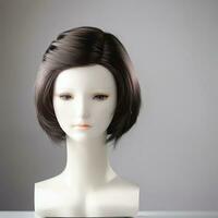 Wig Fake Hair on a Mannequin Simple Background for Mock Up Catalogue Books Magazine Products photo