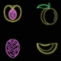 Peach tree slices fruit icons set vector neon