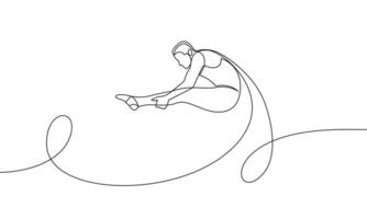 Single continuous drawing of an athlete performing complex twists and somersaults. Trampoline. One line vector illustration