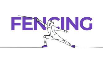 Single continuous fencer pattern. Type of sport, Fencing. Colored elements and title. One line vector