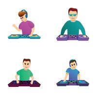 Dj icons set cartoon vector. Man dj playing music on concert vector