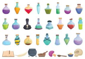 Magic elixir icons set cartoon vector. Glass flask jar vector