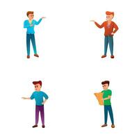Man traveler icons set cartoon vector. Male character with map and camera vector