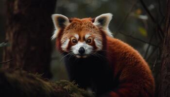 Red fox sitting on branch, staring alertly generated by AI photo