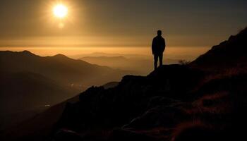 Silhouette standing on mountain peak, achieving success generated by AI photo