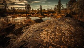 Tranquil scene of sunset over ancient cliff generated by AI photo