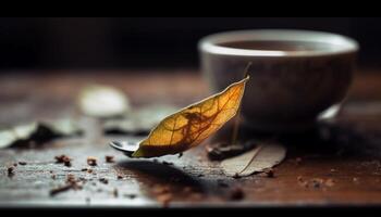 Freshness of autumn captured in hot tea generated by AI photo