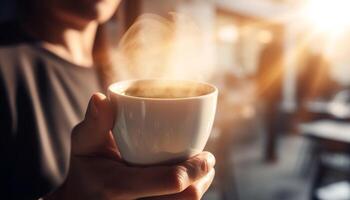 Hand holding hot coffee mug, enjoying weekend activities generated by AI photo