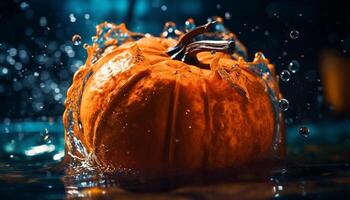 Fresh pumpkin drops in spooky Halloween water generated by AI photo