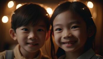 dos linda muchachas y Niños de chino etnia en Beijing, disfrutando infancia generado por ai foto