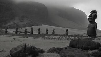 Majestic ancient sculpture stands on mountain cliff generated by AI photo