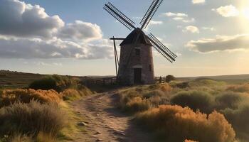 Windmill propeller generates wind power in idyllic rural landscape generated by AI photo