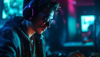 Young adult Caucasian musician sitting, listening to rock music indoors generated by AI photo