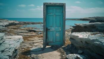 Tranquil seascape weathered door, broken window, beauty in nature, solitude generated by AI photo
