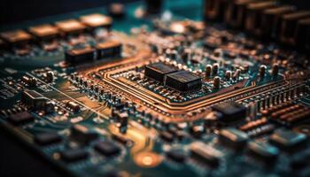 Complexity of electronics industry shown in extreme close up of circuit board generated by AI photo