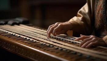 Expert musician hand skillfully plays wooden instrument generated by AI photo