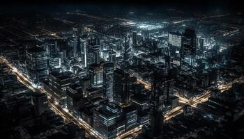 Glowing skyscrapers illuminate the modern city skyline generated by AI photo