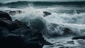 Breaking waves crash against rocky coastline, nature beauty in motion generated by AI photo