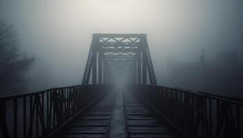 Vanishing point leads to spooky, foggy bridge generated by AI photo