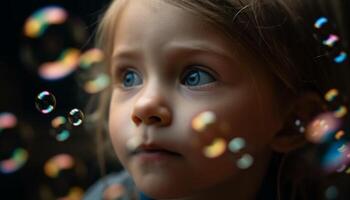 Smiling toddler blows bubbles outdoors, enjoying nature beauty and innocence generated by AI photo