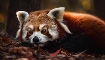 Fluffy red fox sitting in autumn grass generated by AI photo