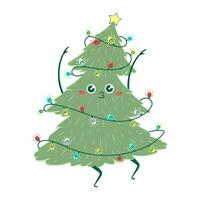 Kawaii doodle Christmas tree dancing. Children's handmade naive style. Simple New Year character isolated on white background. Happy spruce concept. vector