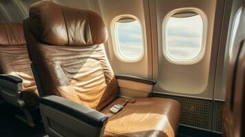 el asiento en el avión y ventana ver ai generativo foto