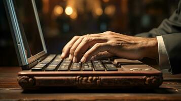 Business concept. Photo close up of Businessman hand is typing with a laptop keyboard. Doing work, surfing internet, chatting, research market data. Generative AI