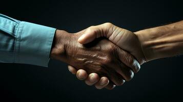 Photo close up of hand during hand shaking. Old people's hands and young people's hand during hand shaking. Isolated on black background. Generative AI