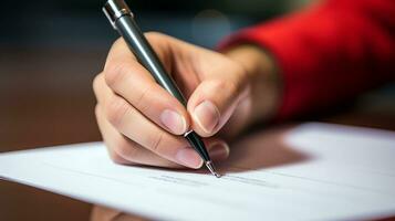 Business concept. Photo close up of hand writing on the paper. Businessman signing a document or write a message. Generative AI