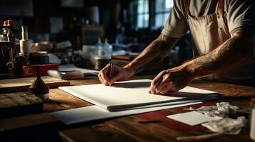 foto de un pintor artista es preparando pintura herramientas a un banco de trabajo dentro estudio. generativo ai