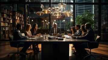 Mixed group of diverse company business people meeting and discussion around a table. Business team analyzing financial data inside modern meeting room. Generative AI photo