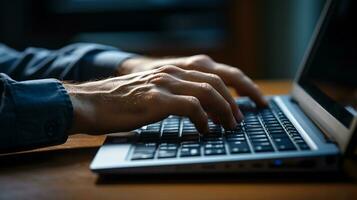 Business concept. Photo close up of Businessman hand is typing with a laptop keyboard. Doing work, surfing internet, chatting, research market data. Generative AI