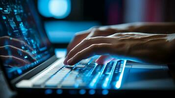 Business concept. Photo close up of Businessman hand is typing with a laptop keyboard. Doing work, surfing internet, chatting, research market data. Generative AI