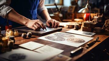 Photo of a painter artist is preparing painting tools at a workbench inside studio. Generative AI