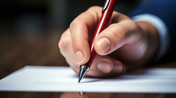 Business concept. Photo close up of hand writing on the paper. Businessman signing a document or write a message. Generative AI