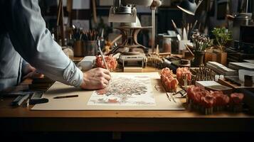 Photo of a painter artist is preparing painting tools at a workbench inside studio. Generative AI