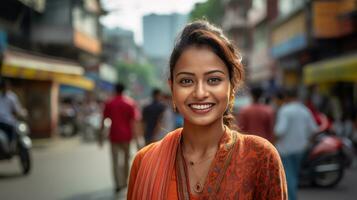 Young Indian woman smile in the city AI Generative photo