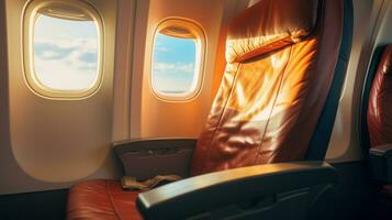el asiento en el avión y ventana ver ai generativo foto
