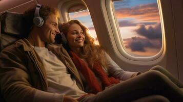 Pareja amor hablando en el avión ai generativo foto