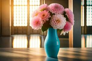 a blue vase with pink flowers on a table. AI-Generated photo