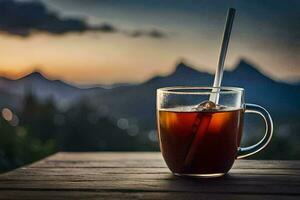 a cup of tea with a straw on a wooden table. AI-Generated photo