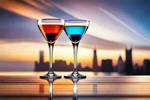 two glasses of colored drinks with city skyline in the background. AI-Generated photo